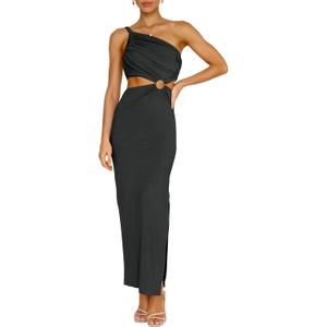 ANRABESS Women Summer One Shoulder Sleeveless Maxi Dress Cutout Sexy Bodycon Semi Formal Dinner Date Vacation Dresses (Large, Black)