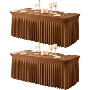 2 Packs Brown Spandex Tableclothes for 8 Foot Rectangle Tables, Wrinkle Free 8ft Fitted Table Cover Stretch Table Cloth Desk Skirt for Weddings Baby Shower Birthday Party Banquet Decorations