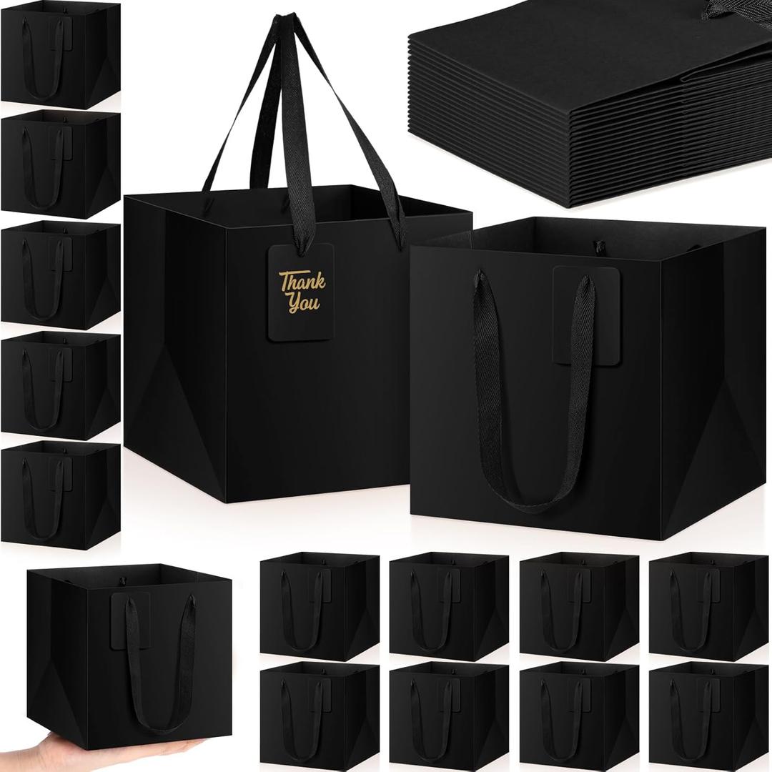 Windyun 50 Pcs Square Paper Gift Bags with Handle 8 x 8 x 8'' Favor Bag with DIY Thank You Tag for Wedding Bridal Shower Bridesmaid Graduation Birthday Party (Black)