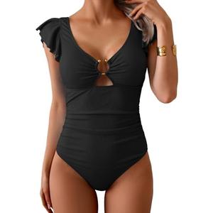 Eomenie Women's One Piece Swimsuit Tummy Control Bathing Suit Cutout Ruffle Slimming Swim Suit.L