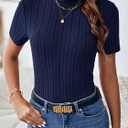 Women's Ribbed Knit Short Sleeve T Shirts Solid Color Mock Neck Slim Fitted Basic Knit Tees Basic Summer Tops