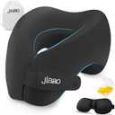 jiaao Travel Pillow Memory Foam Neck Pillow for Airplanes with Adjustable Neck Support, Includes Eye Mask, Earplugs & Storage Bag - Perfect for Flights, Road Trips, and Trains (Black)