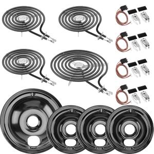 3xWB31M20(6") 1xWB31M19(8") Porcelain Drip Pans& 1xWB30M2(8") 3xWB30M1(6") Electric Stove Burners Set & 4xWB17T10006 Range Terminal Block Kit by Cenipar-Compatible with GE Hotpoint Kenmore Range/Stove