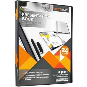 Performore 24-Pocket Presentation Book Folder | 8.5" x 11" Plastic Display Binder with Spill-Proof Clear Sleeves | Archival Acid-Free Portfolio for Certificates, Reports, and Documents (Black)