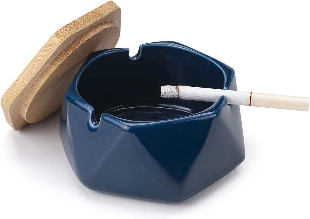 Ceramic Geometric Ashtray with Lid, Windproof Ceramic Ashtray for Indoor or Outdoor Use, Home Office Decoration, Dark Blue