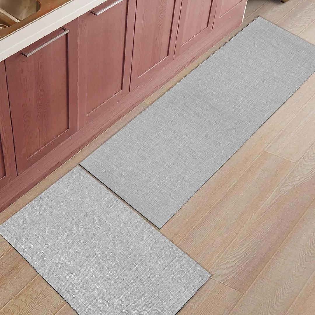 Vintage Linen Kitchen Rugs 2Pcs Pastoral Grey Linen Texture Farmhouse Waterproof Non Slip Kitchen Mats and Rugs Comfort Standing Floor Mats Kitchen Carpet Set for Office Sink Laundry 20x24in+20x48in