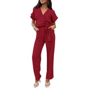 PRETTYGARDEN Women's One Piece Jumpsuits Dressy Casual Summer Short Sleeve Wrap V Neck Wide Leg Pants Romper Spring Clothes (X-Large, Wine Red)