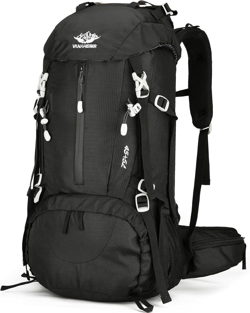 Esup 50L Hiking Backpack Men Camping Backpack with rain cover 45l+5l Lightweight Backpacking Backpack Travel Backpack (Deep Black)
