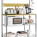 Bakers Rack with Power Outlet & Storage, 33 Inch Microwave Stand Kitchen Shelf Storage Rack, Coffee Bar Cart with Wheels & Hooks, 4-Tier Metal Kitchen Shelves Cart, Chrome