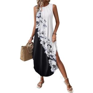 Zeagoo Women Floral Summer Casual Beach Printed Tank Dress with Pockets Pleated Front Long Dress (Small, Black/White Print)