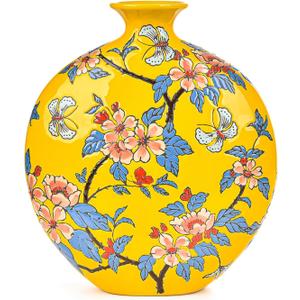 Sungmor High-Class Enamel Painted Porcelain Vase, Traditional Hand-Carved Overglaze Color Ceramic Vase for Fresh Flowers Dried Plants Arrangement, Decorative Vase for Centerpieces, Shelf, Living Room
