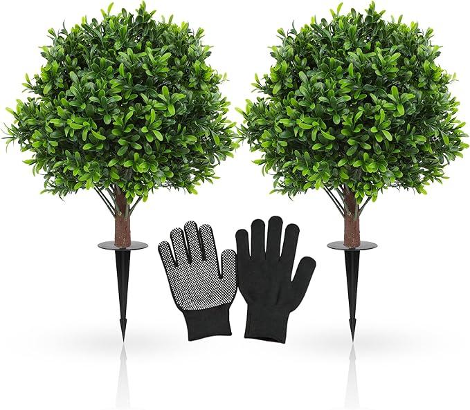 JTING' CHOISIR Set of 2 Artificial Boxwood Topiary Ball Trees with Ground Spike, 26 Inches UV Resistant Fake Plant Bushes Shrubs, for Indoor Outdoor Front Porch Garden (Boxwood)