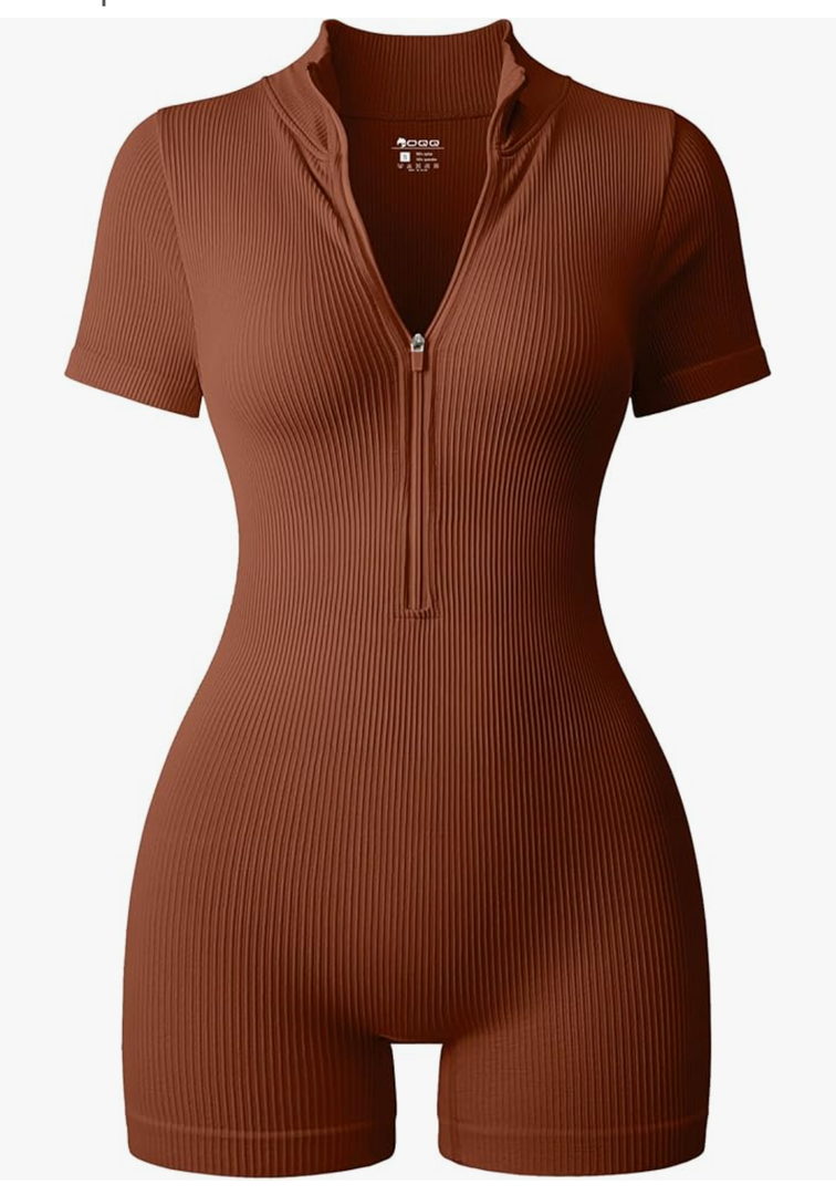 OQQ Women Rompers Ribbed Short Sleeve Zip Front Stretch Tummy Control Yoga Workout Rompers, Size Large
