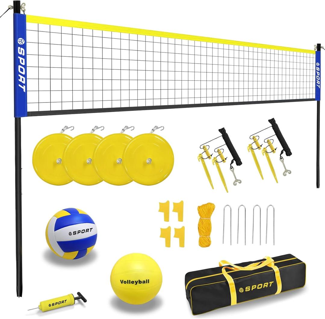 Beach Volleyball Net System with 4 Sand Anchors.Easy Setup Adjustable Height Poles with 2 Volleyball Ball,Pump,Boundary LineCarry Bag.Volleyball Net for Backyard,Grass and Lawn