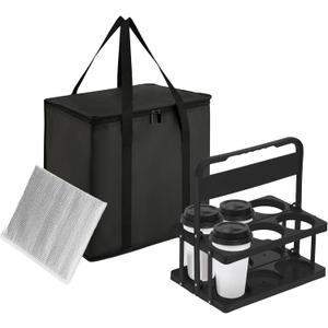 Reusable 6 Cup Drink Carrier with Handle and Insulated Food Delivery Bag, Portable Plastic Cup Caddy, 26L Grocery Cooler Box for Car Delivery, Travel, Picnic (Black)
