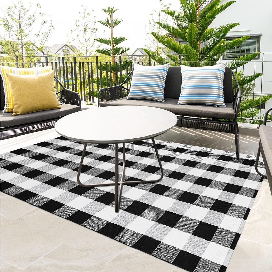 Buffalo Plaid Outdoor Patio Rug 4x6 Feet Buffalo Check Rug Cotton Woven Black and White Checkered Outdoor Indoor Rug Washable Carpet for Living Room Dining Room Bedroom Farmhouse