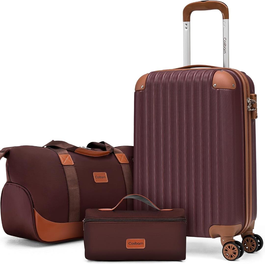 Cosbarn Carry On Luggage Sets 3 Piece, 20 Inch Luggage 22x14x9 Airline Approved with Wheels and TSA Lock, ABS Lightweight Hardshell Travel Suitcase Set with Duffel Bag Travel Bag for Men Women