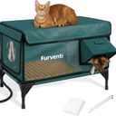 Heated Cat House for Outside,Dual Camera Mounts,100% Weatherproof & Extremely Insulated,Elevated Feral Cat Shelter with Escape Door,Waterproof Eaves for Outdoor Stray Barn Cat(Dark Green,M) (23.6"L x 16.5"W x 18.5"H)