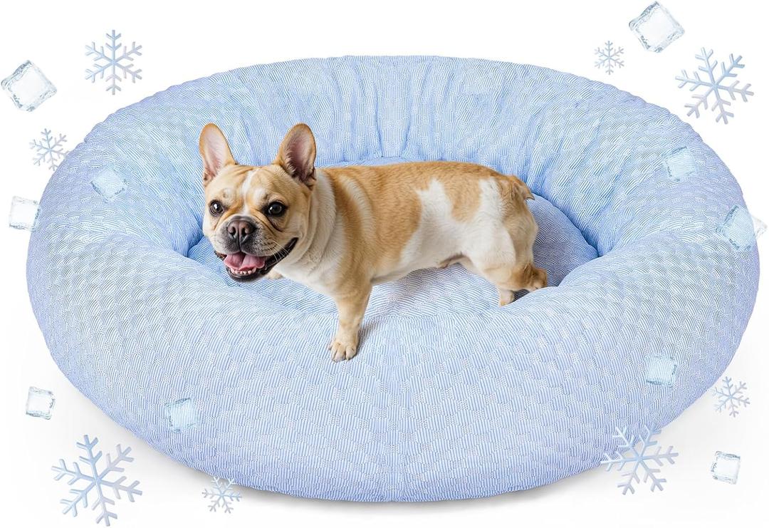 Donut Dog Bed for Small & Medium Dogs - Cooling Pet Bed with Non-Slip Bottom, Summer Comfort Dog Beds for Puppies, Washable & Portable Egg Tart Shape (M)