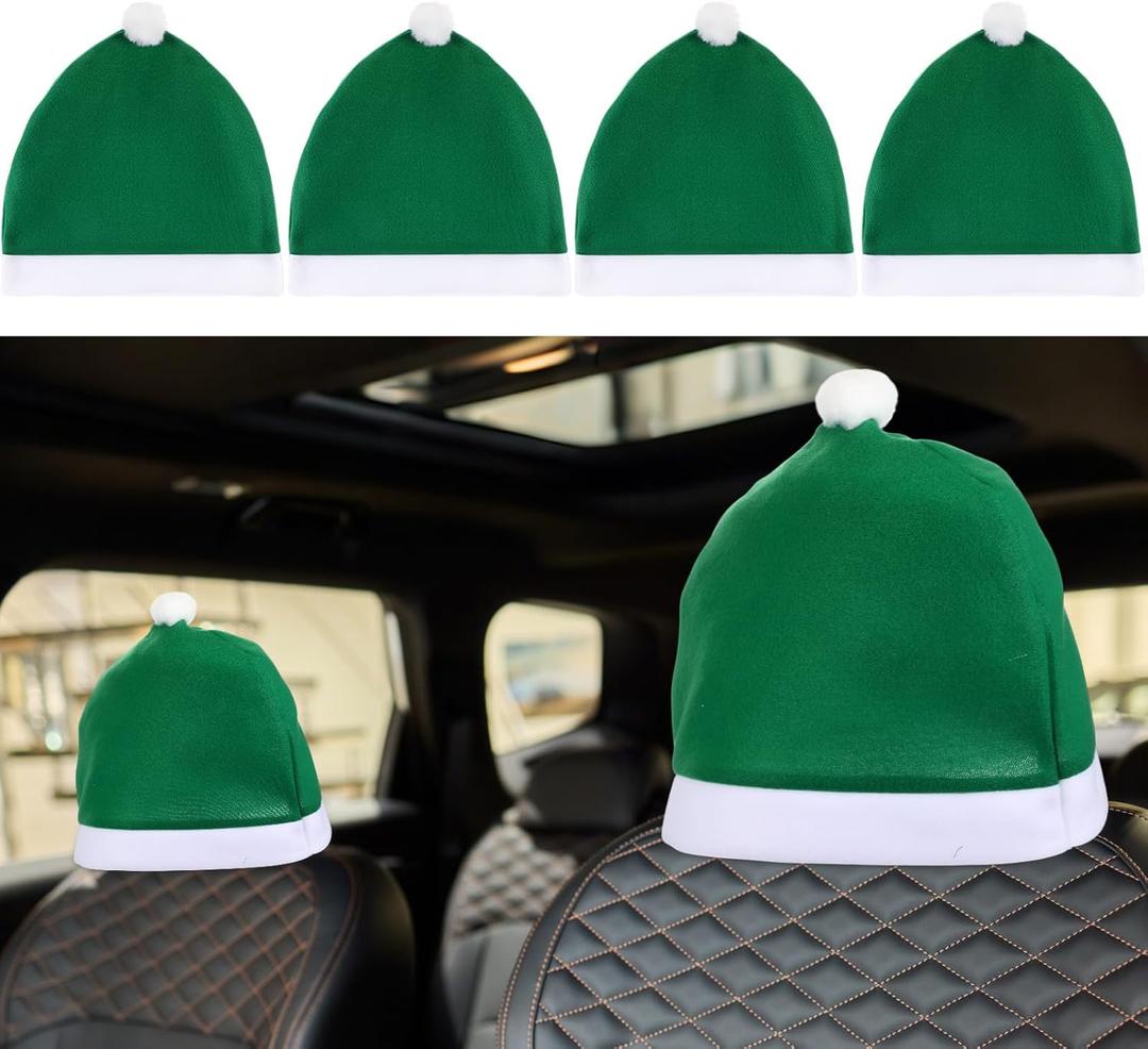 4 Piece Santa Claus Hats Car Seat Headrest Covers Interior Christmas Car Headrest for Xmas New Year Festival Holiday Party Decorations (Green)