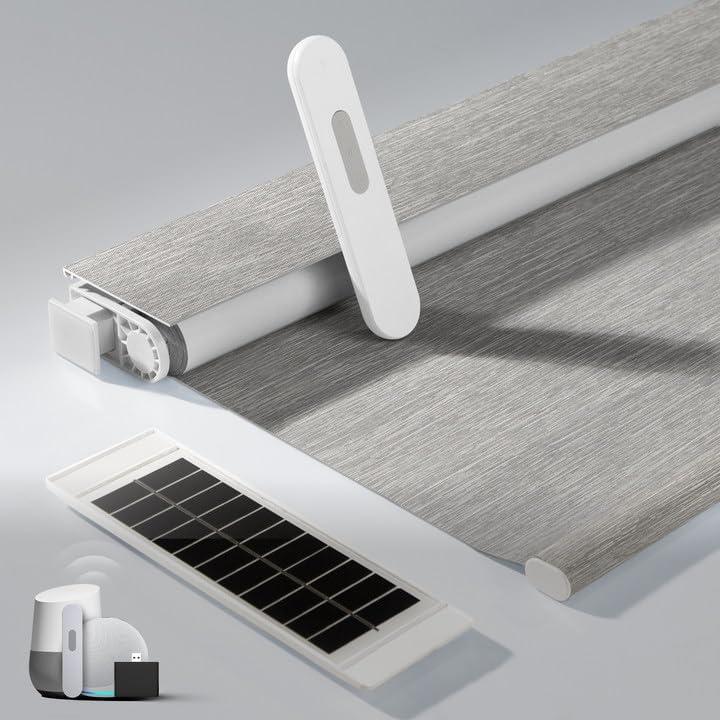 No Drill Motorized Blinds with Remote, Blackout Automatic Blinds with Solar Panel, Cordless Smart Electric Roller Shades for Windows, Grey, 32 x 72