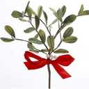 Artificial Mistletoe Floral Pick With Red Satin Bow, Set of 2