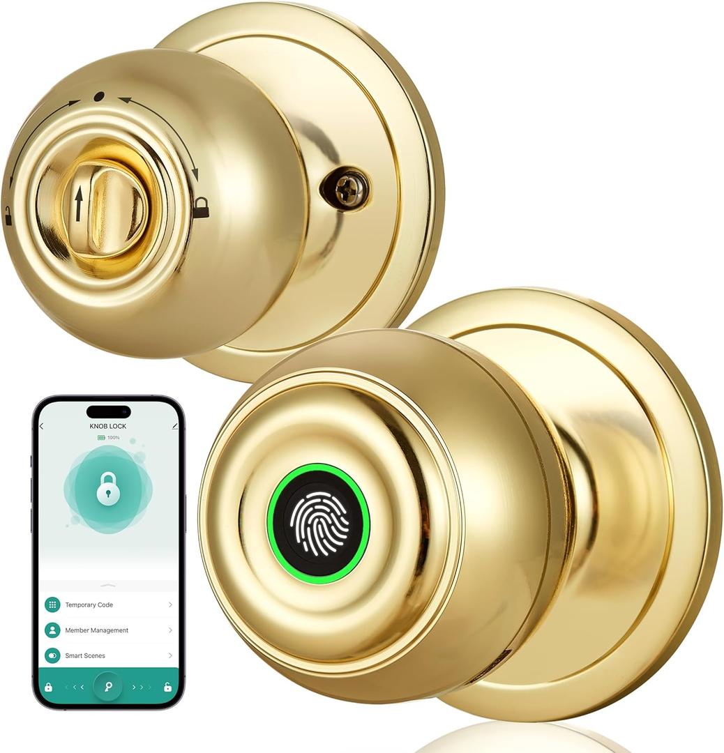 KLLOQUE Fingerprint Door Lock, Smart Fingerprint Door Knob with Lock, Biometric Door Locks with App Control & Key, Keyless Thumbprint Entry Door Locks for Bedroom, Front Door, Home, Apartment-Brass