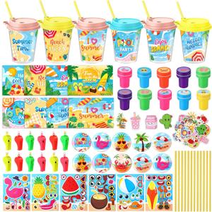 Funrous 146 Pcs Summer Party Favors, DIY Stickers Button Pins Badges Stampers Lids Straws Cups Cards Whistles for Beach Pool Summer Birthday Party Favor Supplies Hawaiian Tropical Tiki Aloha Gift Sets