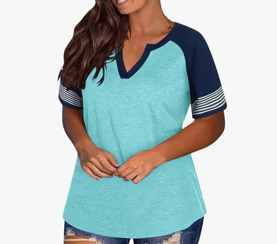 Women Tops Plus Size Short Sleeve Striped T Shirts Oversized Casual Summer Blouses Loose Fit Colorblock Tunics, 22W