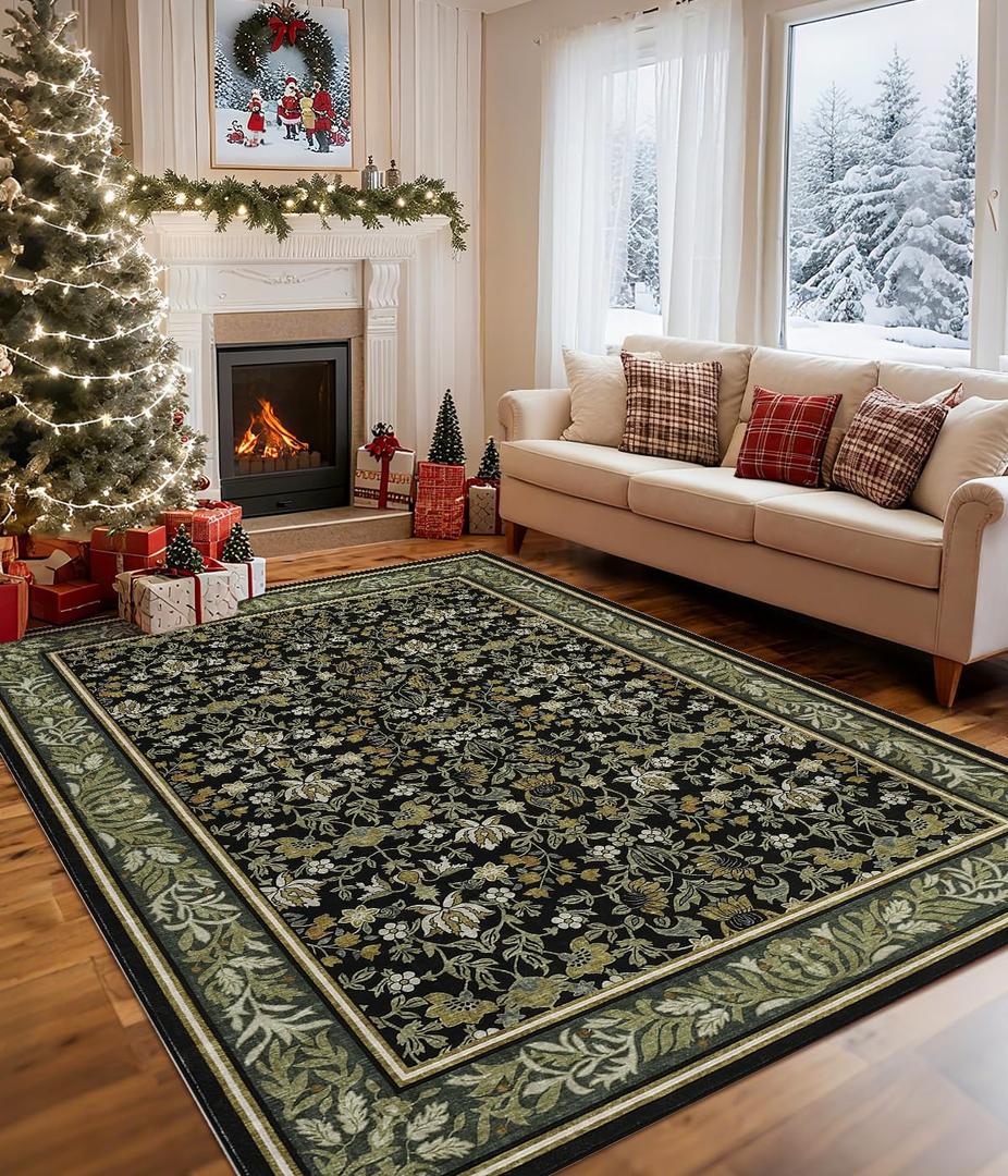 GarveeHome Christmas Rugs 5x7 Washable Area Rugs for Living Room, Boho Vintage Rug Non Slip Low Pile Stain Resistance Indoor Soft Large Holiday Carpet for Bedroom Dining Room Office Green Black