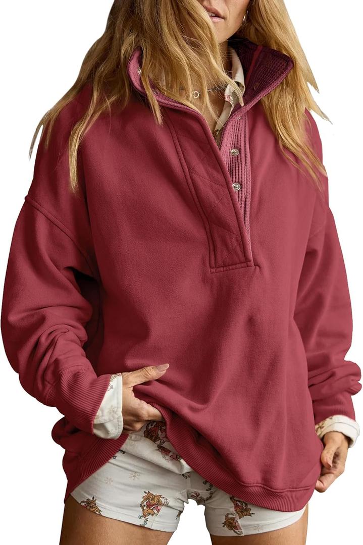 Gacaky Sweatshirt for Women Oversized Casual Long Sleeve Button Henley Neck Pullover Tops Fashion Outfits Clothes (Small, Burgundy)