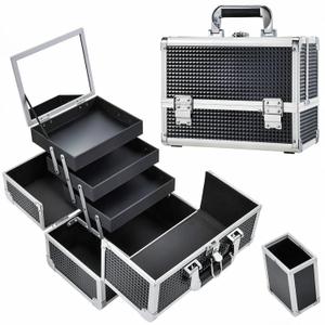 Joligrace Makeup Case Organizer Box, 11.8 Inch Makeup Train Case with Mirror, 3-Tray Make-up Cosmetic Storage Box with Brush Holder, Lockable Large Makeup Organizer Carrying Case, Shiny Black