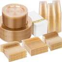 I00000 700 Pcs Gold Glitter Plastic Dinnerware Sets, Disposable Plates for Party, Include: 100 Dinner Plate,100 Dessert Plate,100 Paper Napkins, 100 Cups,100 Plastic Silverware Set