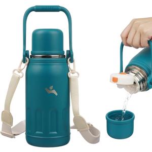 Insulated Water Bottle with Handle and Strap, Vacuum Travel Tumbler with Cup Lid, Thermo Coffee Cup for Hot Cold Drinks 27 OZ, Lake Blue