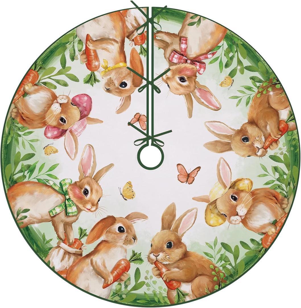 Easter Bunny Christmas Tree Skirt, 48 Inches Lace-up Spring Cute Rabbit Green Tree Skirt, Carrot Butterfly Spring Holiday Party Indoor Decoration Home Decor