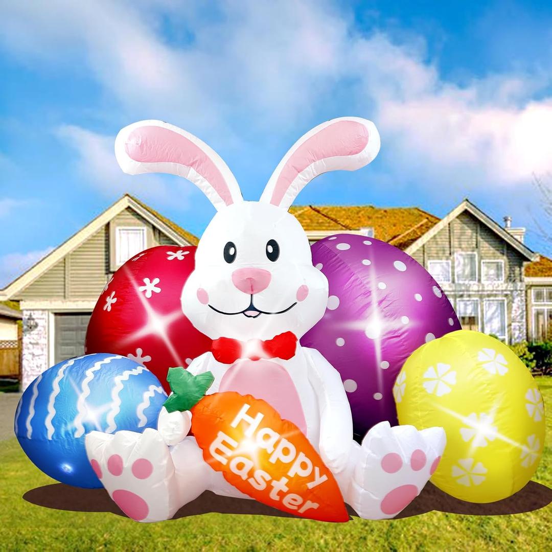 6.2FT Width Inflatables Easter Rabbit Outdoor Decor, Happy Easter Bunny and 4 Colorful Eggs Build-in 6 LEDs Indoor Outdoor Decoration Blow Up for Yard Decorations, Garden, Lawn