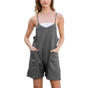 Rompers for Women Summer Casual Waffle Knit Sleeveless Romper Spaghetti Strap Shorts Overalls Jumpsuit with Pockets (Small, Dark Gray)