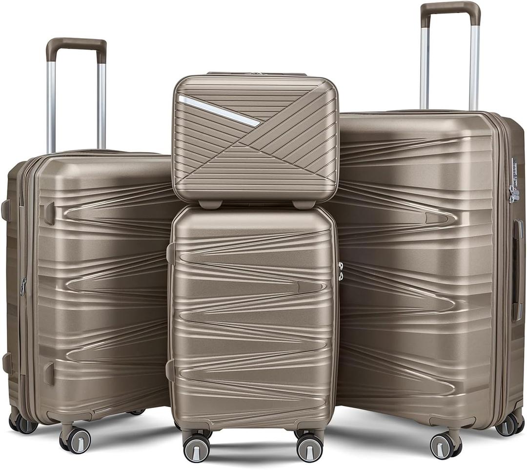 4 Piece Luggage Set PP Hardshell, Expandable Suitcase Set (20/24/28) with 14" Cosmetic Case, Lightweight Spinner Wheels with TSA Lock, Detachable Wheels for Nesting Storage (Champagne)