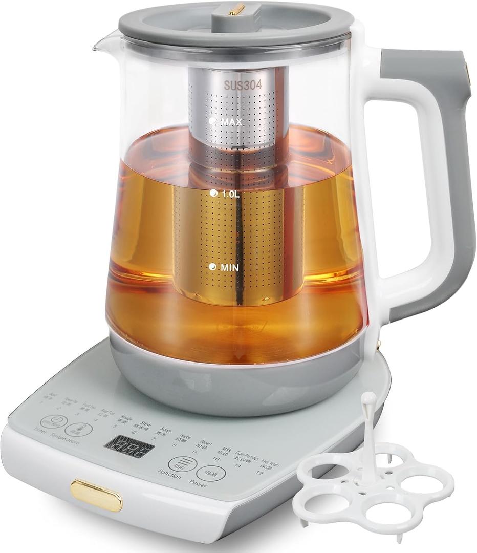 Health pot, Office, Household, Electric Kettle with Infuser, Temperature Control,12 Functional Procedures for Fruit, Flower Tea & Coffee, Glass Large 1.8 Liters of CapacityGrey
