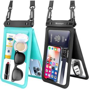Niveaya [Up to 10.5"]Waterproof Phone Pouch - 2 Pack, Waterproof Phone Lanyard Case with iPhone 17/16/15/14/13 Pro Max up to 9.5", Phone Dry Bags for Vacation Beach Pool Kayak Cruise Travel Essentials (Black+ Teal)