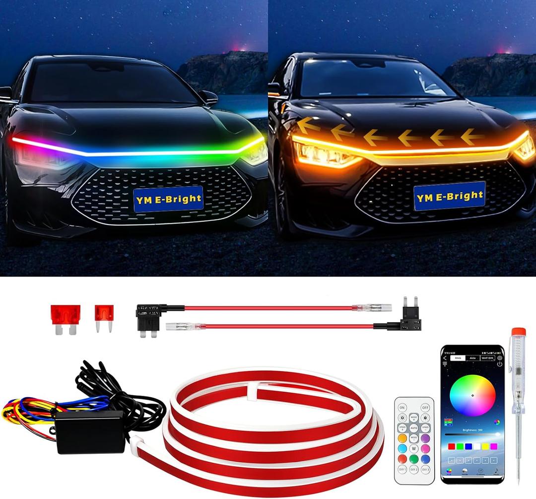 YM E-Bright Car Led Lights Exterior RGB Hood Light Strip Waterproof Multicolor Dynamic Scan Start Up Hoodbeam Kit with Turn Signal Indicator Function for Cars, Truck, SUV, APP Control, 12V 70inch