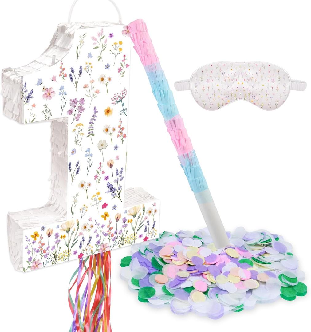 Wildflower Birthday Decorations, 15.7'' Wildflower Spring Floral Number 1 Piata with Blindfold Stick Blindfold Confetti for Spring Floral Birthday Party Supplies (1st)