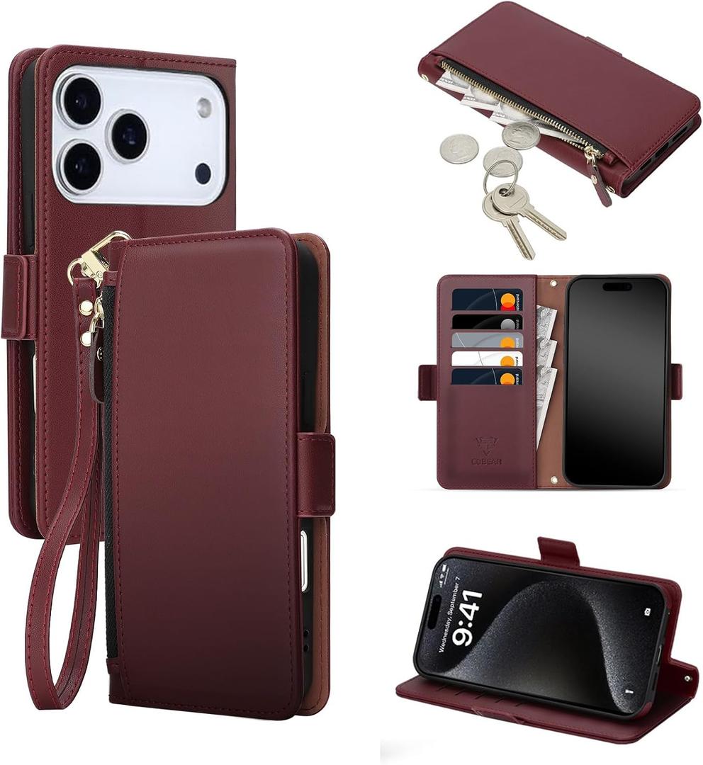 COBEAR for iPhone 17 Pro Max Case Wallet, Pu Leather Flip Phone Case with Wrist Strap, Zipper Pocket, Kickstand, Women Men Phone Wallet Case with Card Holder for iPhone 17 Pro Max,Wine Red