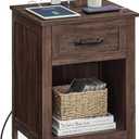 VASAGLE LIRY Collection - Farmhouse Nightstand with Charging Station, Bedside Table, Side Table with Drawer, Open Compartment, for Bedroom, Maroon Brown ULET659K51