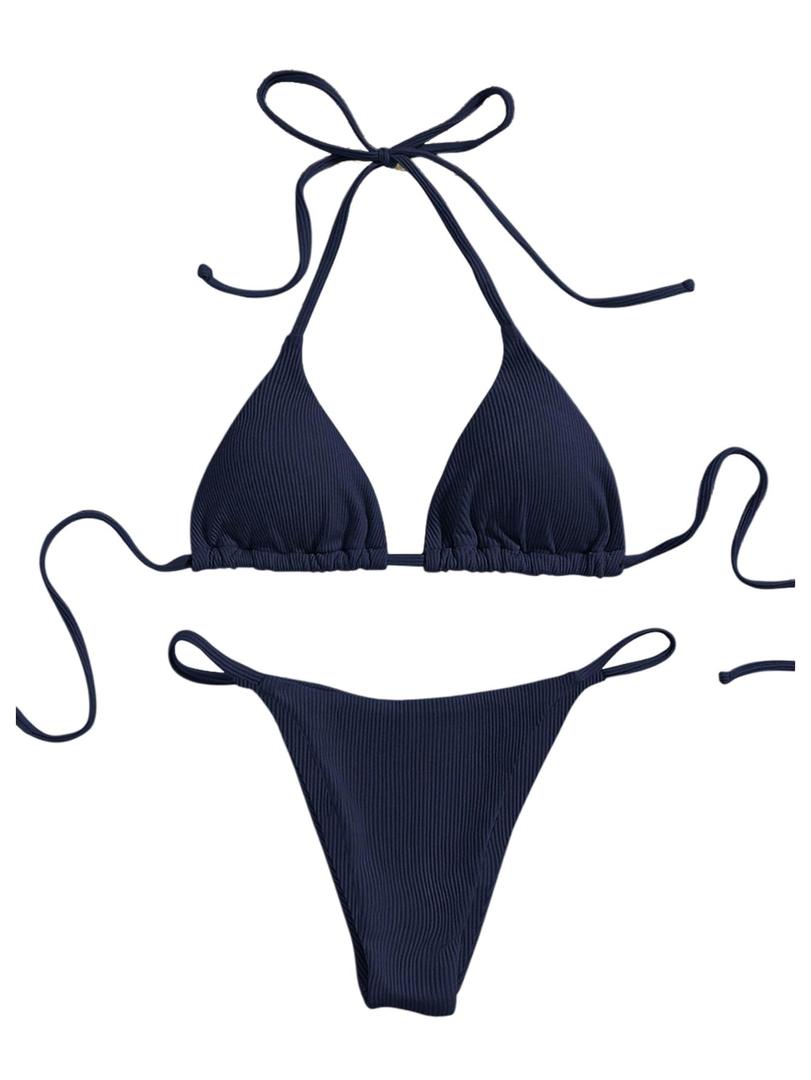 SHENHE Women's Ribbed Knit Halter Triangle Bikini Set Deep Blue (L)