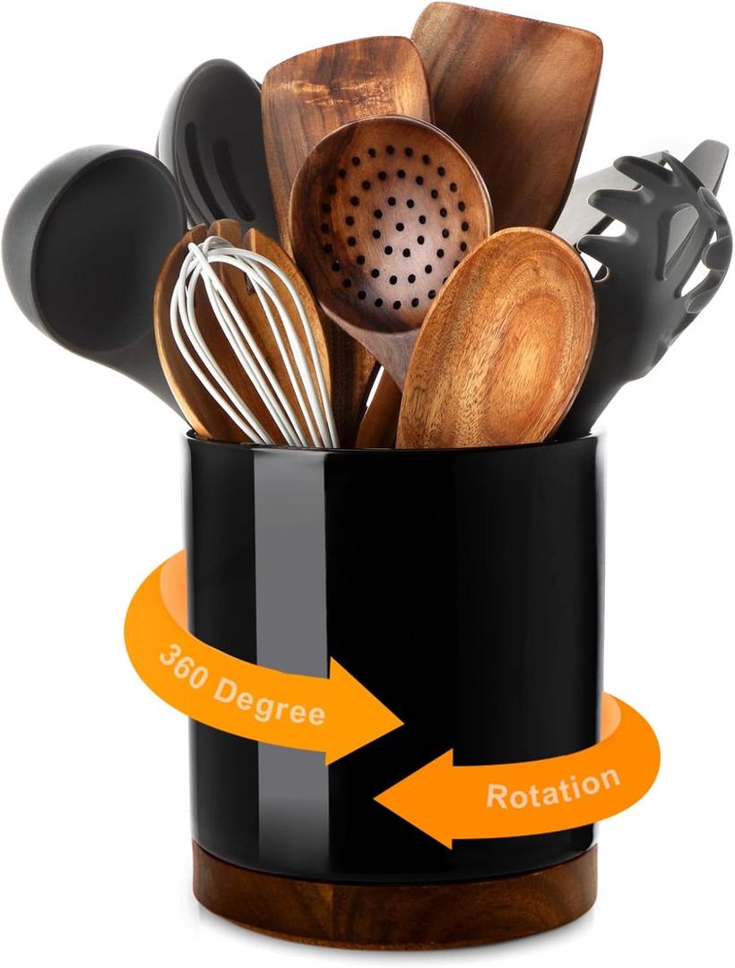 Nucookery 360°Rotating Utensil Holder, 7.2" Large Utensil Crock, White Ceramic Cooking Utensil Organizer,Farmhouse Kitchen Decor Christmas Thanksgiving Gift (Stone Black)