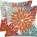 DFXSZ Orange Teal Red Flower Pillow Covers 18x18 Inch Set of 2 Fall Throw Pillows Outdoor Waterproof Decor for Living Room Sofa Patio Funiture Garden Floral Polyester Pillow Covers 002Y18