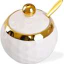 WHJY Ceramic Sugar Bowl with Lid and Spoon, Golf Design Porcelain Salt Bowl Salt Container, Modern Spice Box Seasoning Jar for Home and Kitchen Coffee Bar - White
