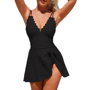 Charmo One Piece Swimdress Swimsuit for Women Tummy Control Swimdress Skirt Bathing Suit Scalloped Swimwear Black M