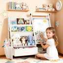 Faesun 4-in-1 Art Easel for Toddlers with Bookshelf and Toy Organizer, Kids Drawing Easel with Paper Roll & Magnetic Whiteboard, Birthday Gift for Ages 28, Boys & Girls